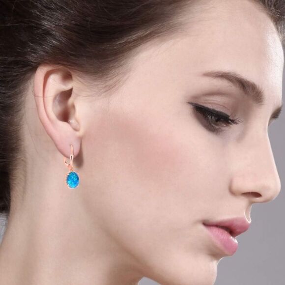 18K Rose Gold 925 with 1.12 Cttw Blue Opal Oval Leverback Hook Earrings - Picture 3 of 4